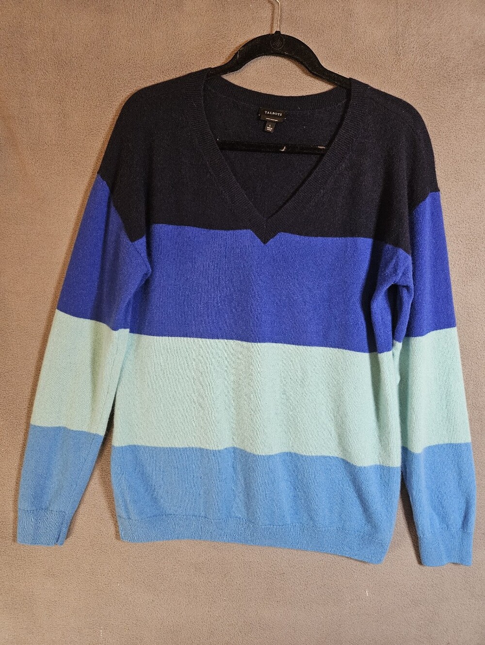 Talbots Pure 100% Cashmere Sweater Womens Blue Stripe Vneck Colorblock
